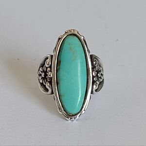 Vintage Boho Sterling Silver Green Turquoise Long Oval Floral Half Finger Ring